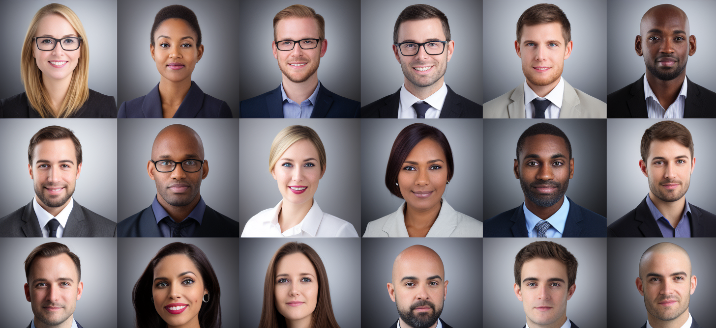 Collage of AI-generated professional headshots from 2024's best AI headshot generators, as reviewed on algiorious.io